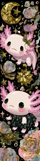 Free kawaii axolotl bookmark featuring a pair of sad kawaii axolotl